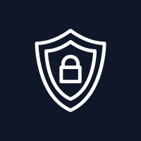 White shield icon with a padlock on a dark blue background.