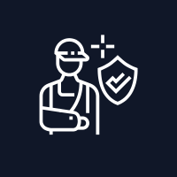 Construction worker with arm in sling, protected by a shield with a checkmark.