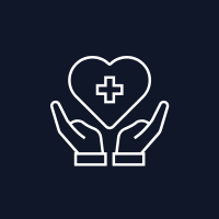 Hands holding a heart with a medical cross inside, on dark background.