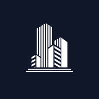 White stylized buildings on a dark blue background.