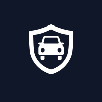 White car inside white shield on a dark blue background; symbol for car insurance or protection.