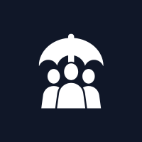 White umbrella protecting three figures, on a dark blue background.