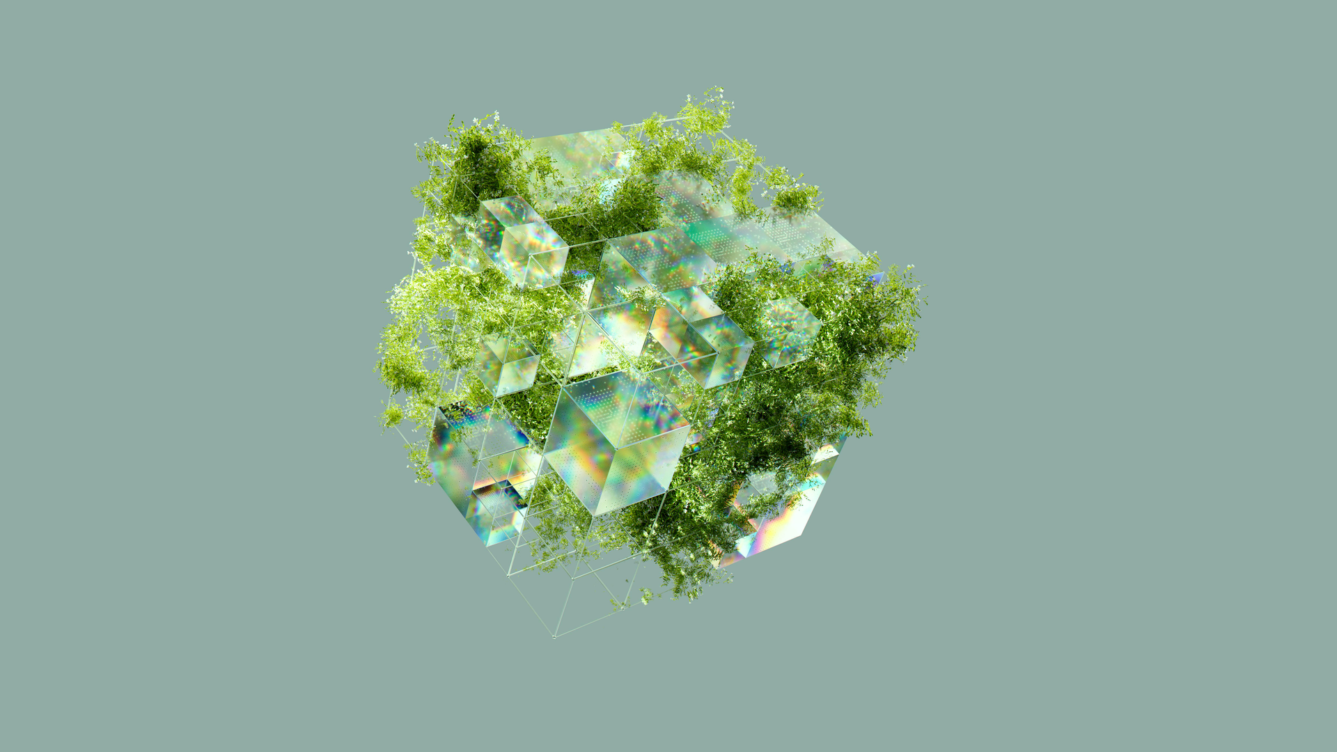 A floating, faceted crystalline form overgrown with vibrant green plants on a muted blue-green background.