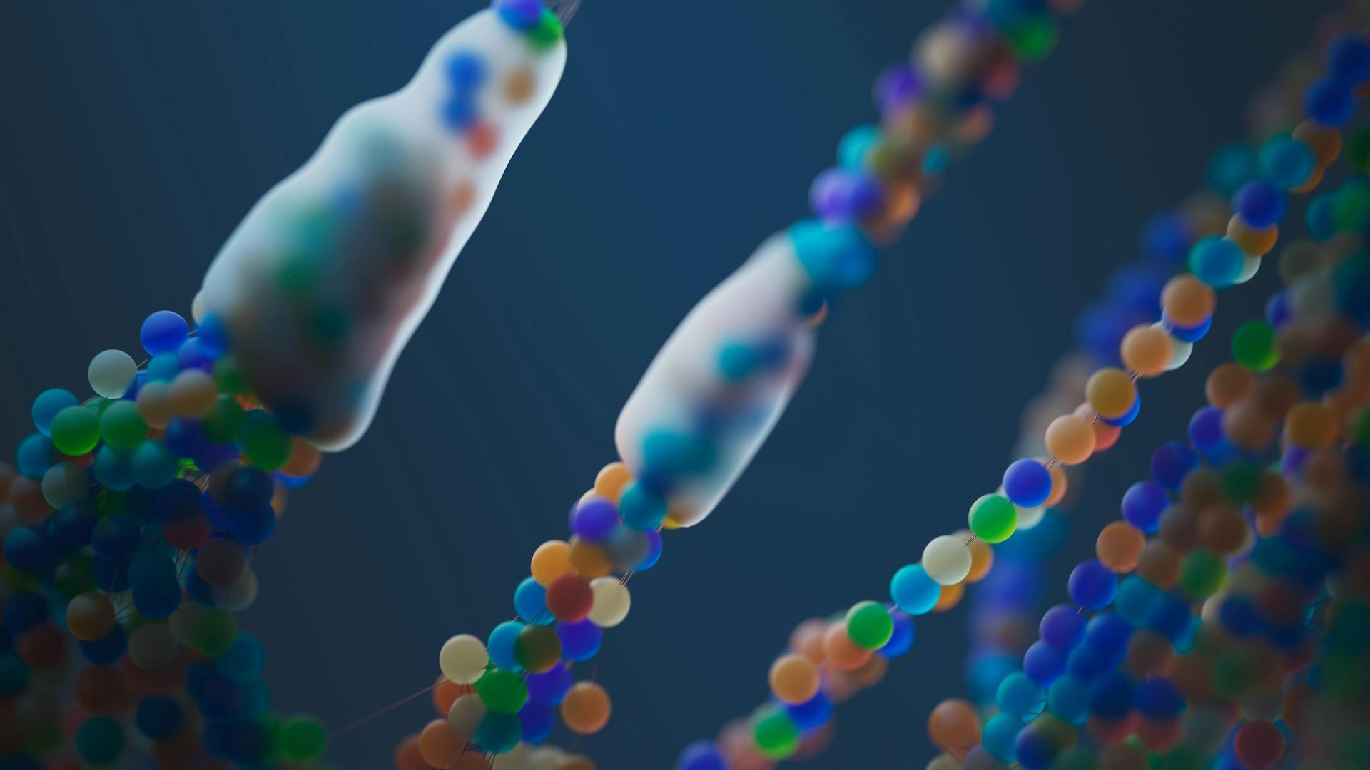 Molecular structure with strands of colorful spheres and white protein-like shapes.