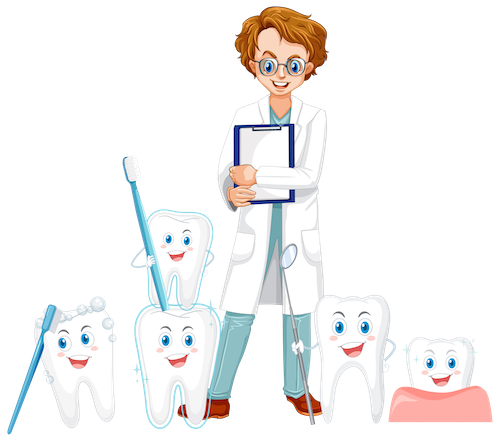 Dentist in a lab coat with a clipboard surrounded by smiling cartoon teeth, one holding a toothbrush.