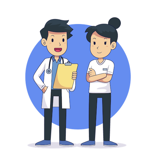 Doctor with a clipboard talking to a patient in a blue circle, both smiling.
