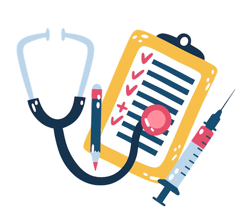 Stethoscope, clipboard with checklist, pencil, and syringe; healthcare-related illustration.