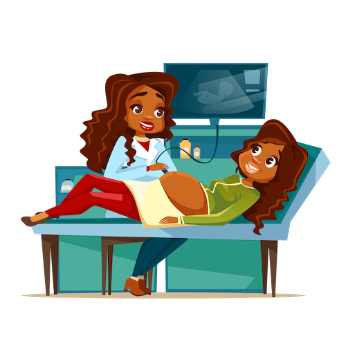 Pregnant woman receiving an ultrasound, with a smiling doctor, blue-green setting.