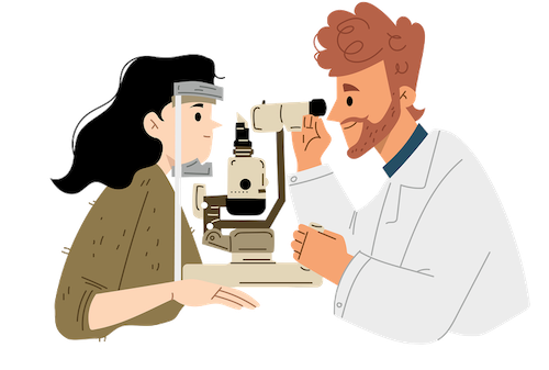 An optometrist examining a woman's eyes with a slit lamp. Doctor in white coat, patient in brown jacket.