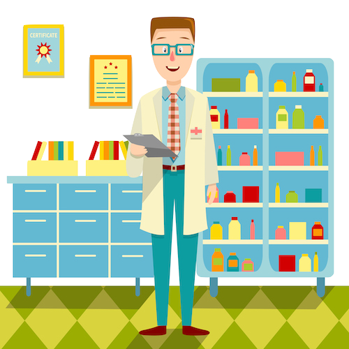 Pharmacist in a lab coat stands in pharmacy, holding a clipboard, with shelves of medicine behind him.