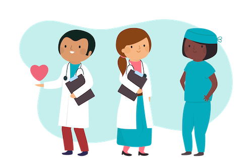 Three diverse medical professionals: doctor holding heart, nurse in scrubs, and another doctor holding a chart.
