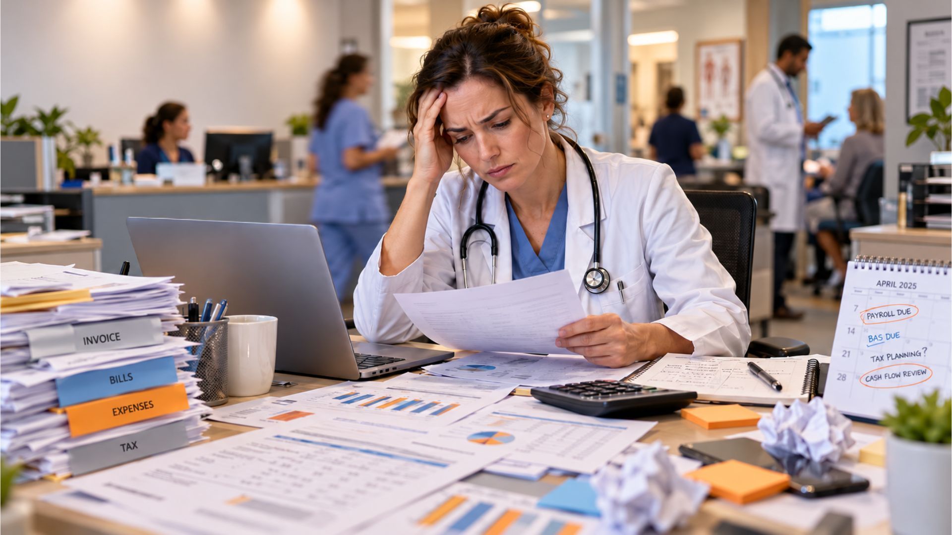Busy healthcare professional struggling with financial paperwork, expenses and cash flow management.