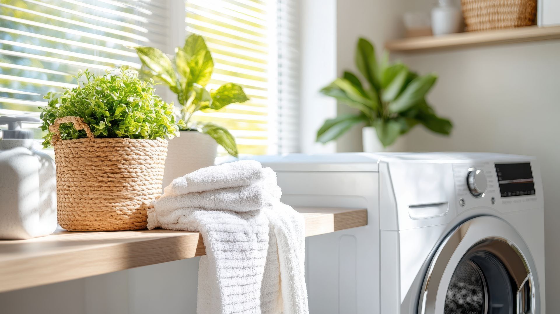 A laundry room with a washing machine , towels , plants and a window.
