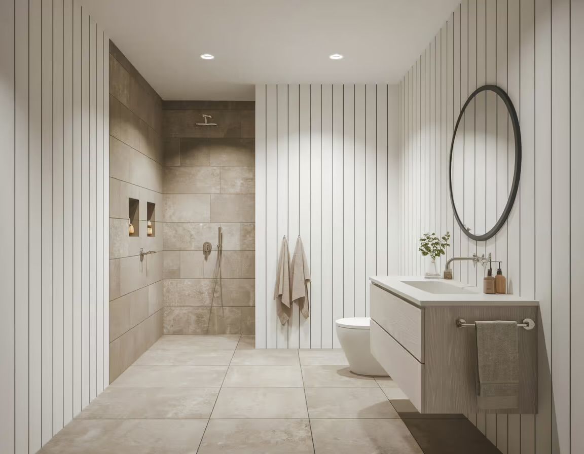 Modern minimalist bathroom with a walk-in shower, vanity, round mirror, and beige tile walls