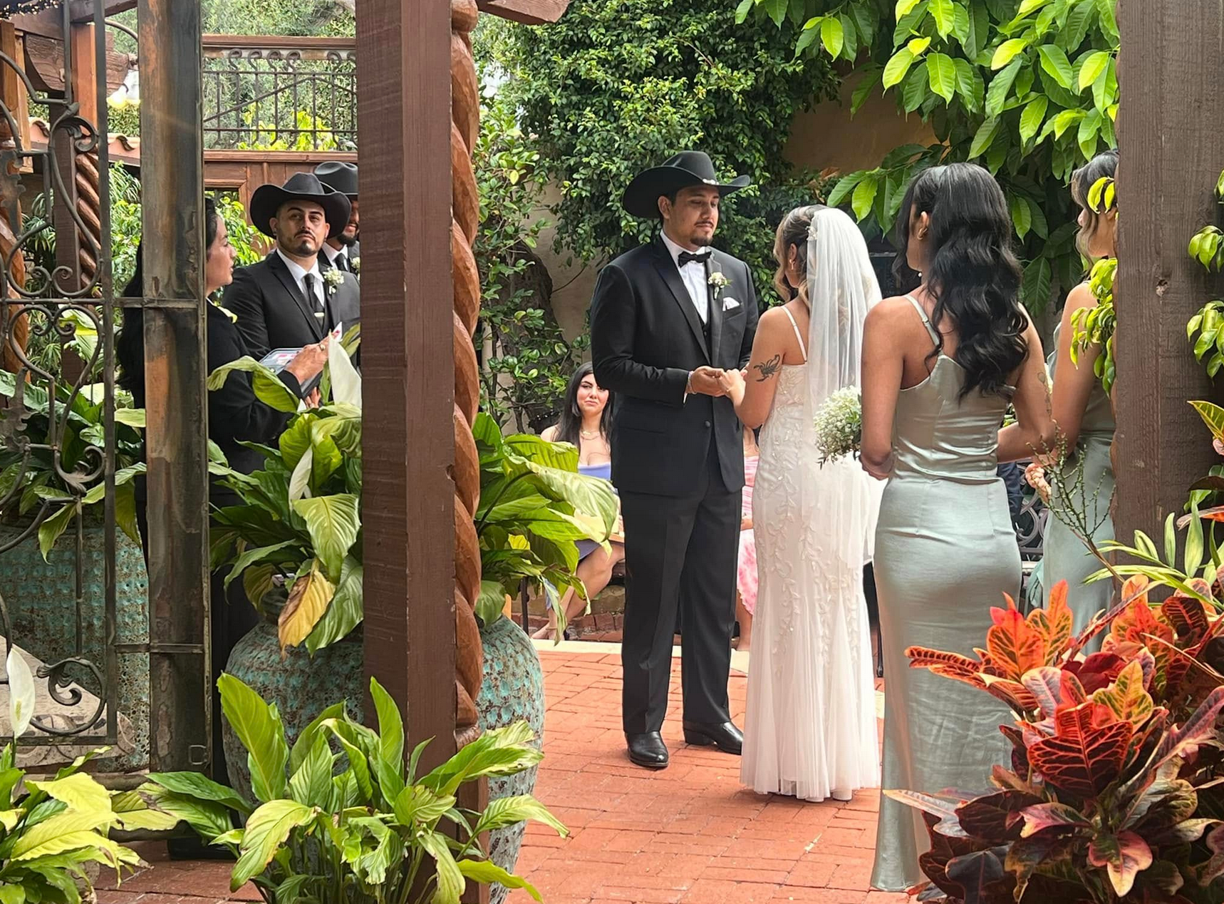 Wedding ceremony: Bride and groom in front of the wedding party, surrounded by greenery.