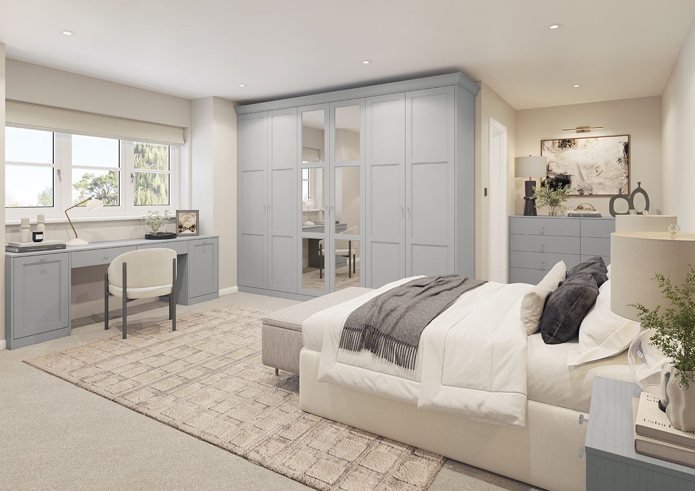 An artist 's impression of a bedroom with a large bed and a desk.