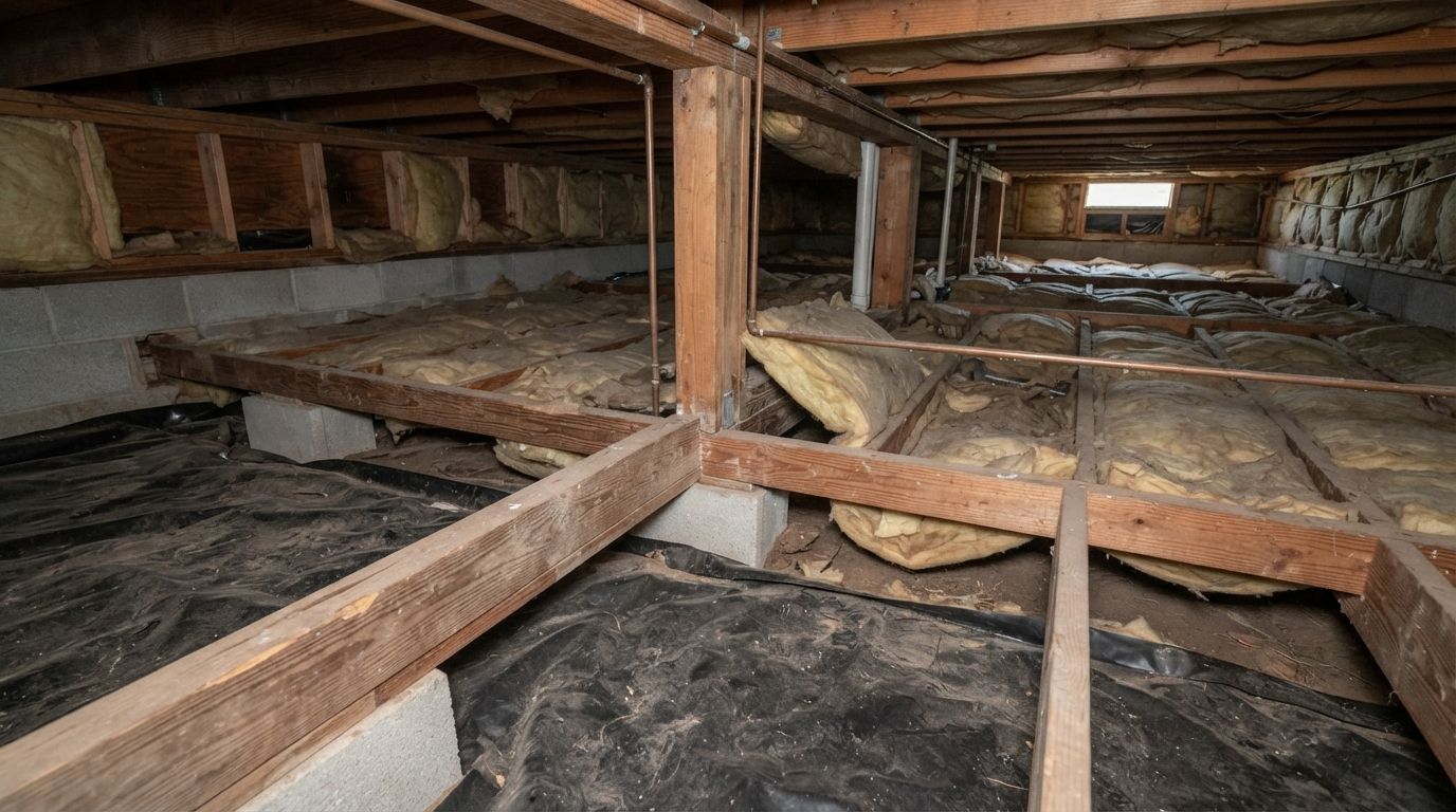 Sagging insulation and exposed rim joists in a Conroe crawl space