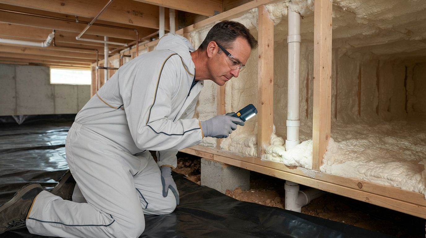Conroe technician inspecting completed crawl space insulation