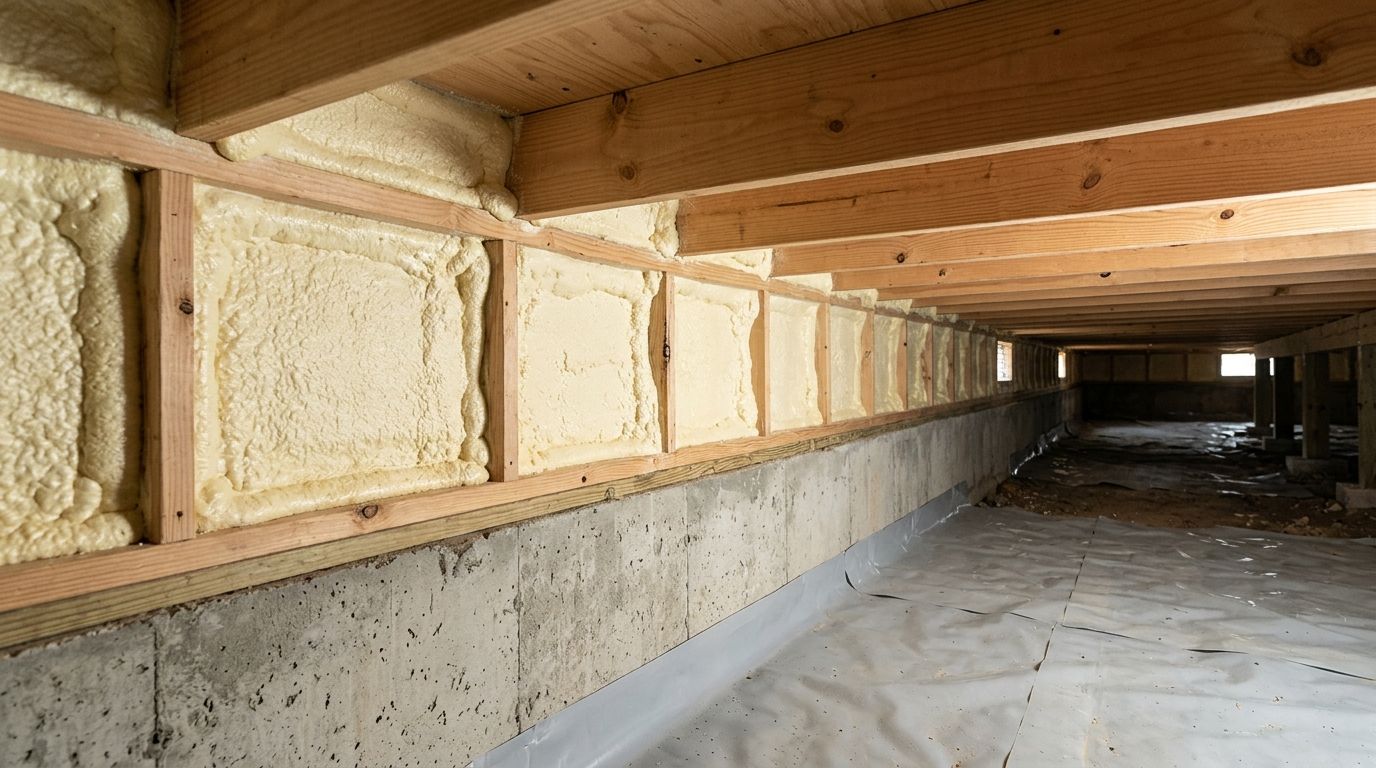 Completed rim joist spray foam insulation in a Conroe crawl space
