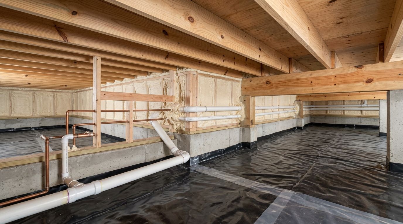Completed crawl space spray foam around plumbing in Conroe Texas