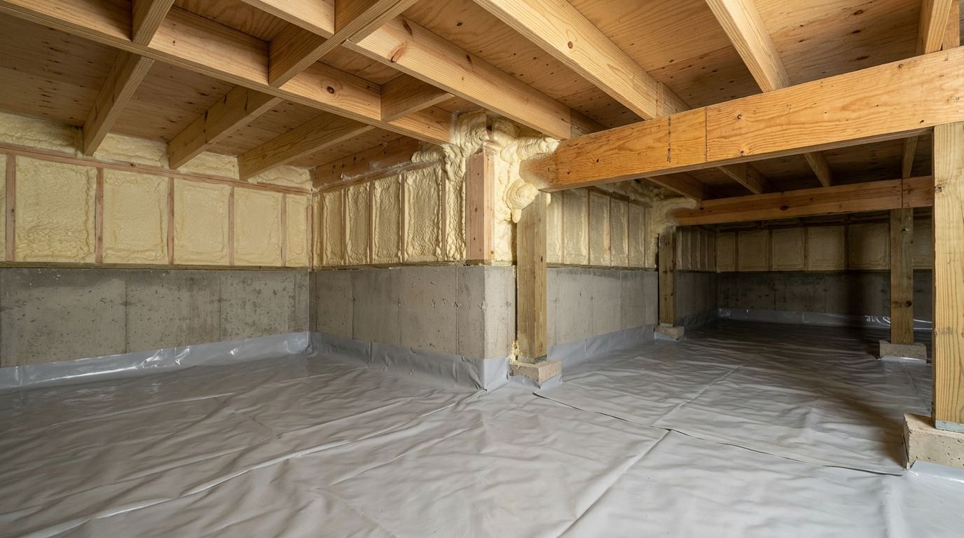 Completed crawl space foundation corner insulation in Conroe Texas