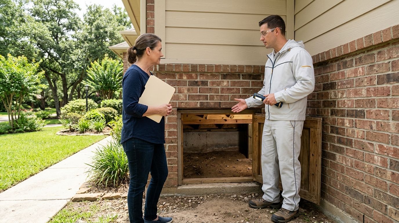 Homeowner discussing a crawl space insulation estimate in Conroe Texas