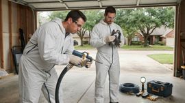 Trained Conroe spray foam insulation team preparing professional installation equipment