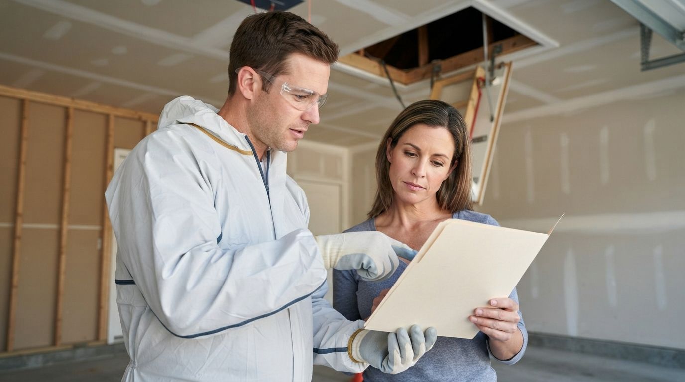 Conroe homeowner reviewing next steps with an insulation technician