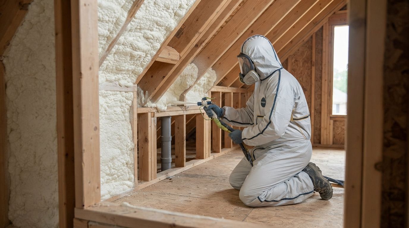 Experienced Conroe spray foam technician insulating a complex framing transition