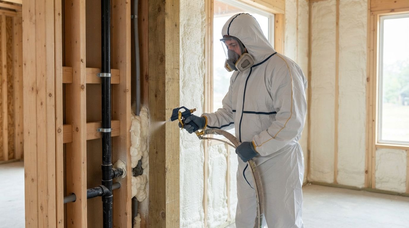 Hands-on spray foam insulation work around wall penetrations in Conroe Texas