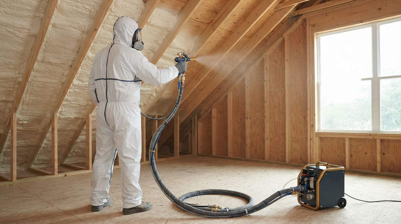 Trained Conroe spray foam technician using professional insulation equipment