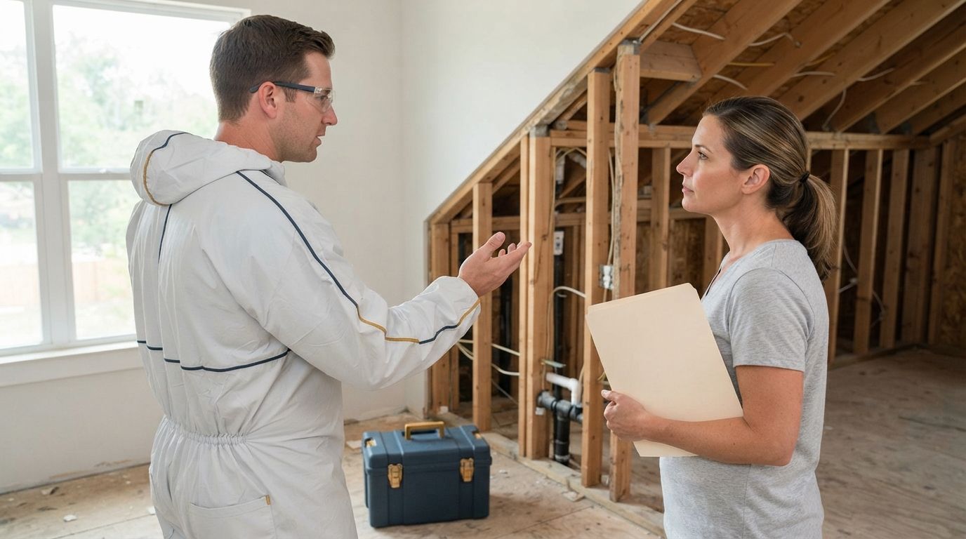 Conroe homeowner discussing spray foam insulation plans with a professional technician