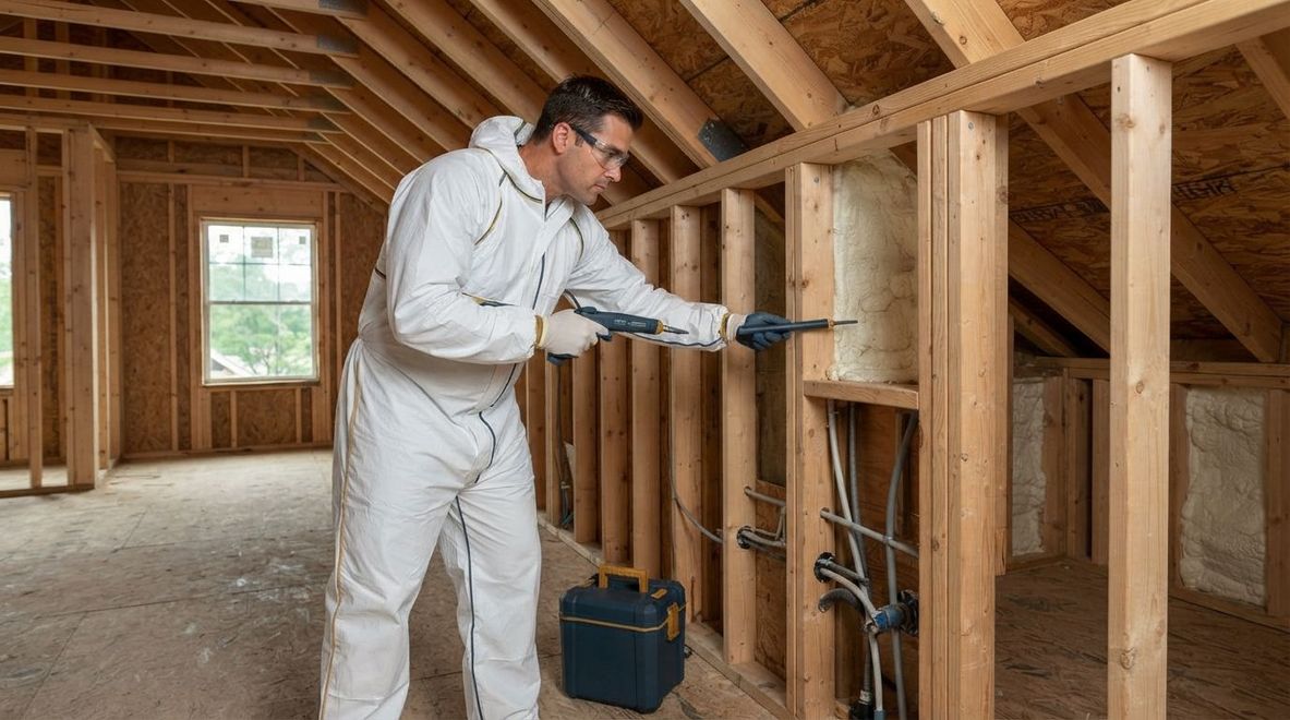 Spray foam technician assessing insulation coverage and project requirements in Conroe Texas