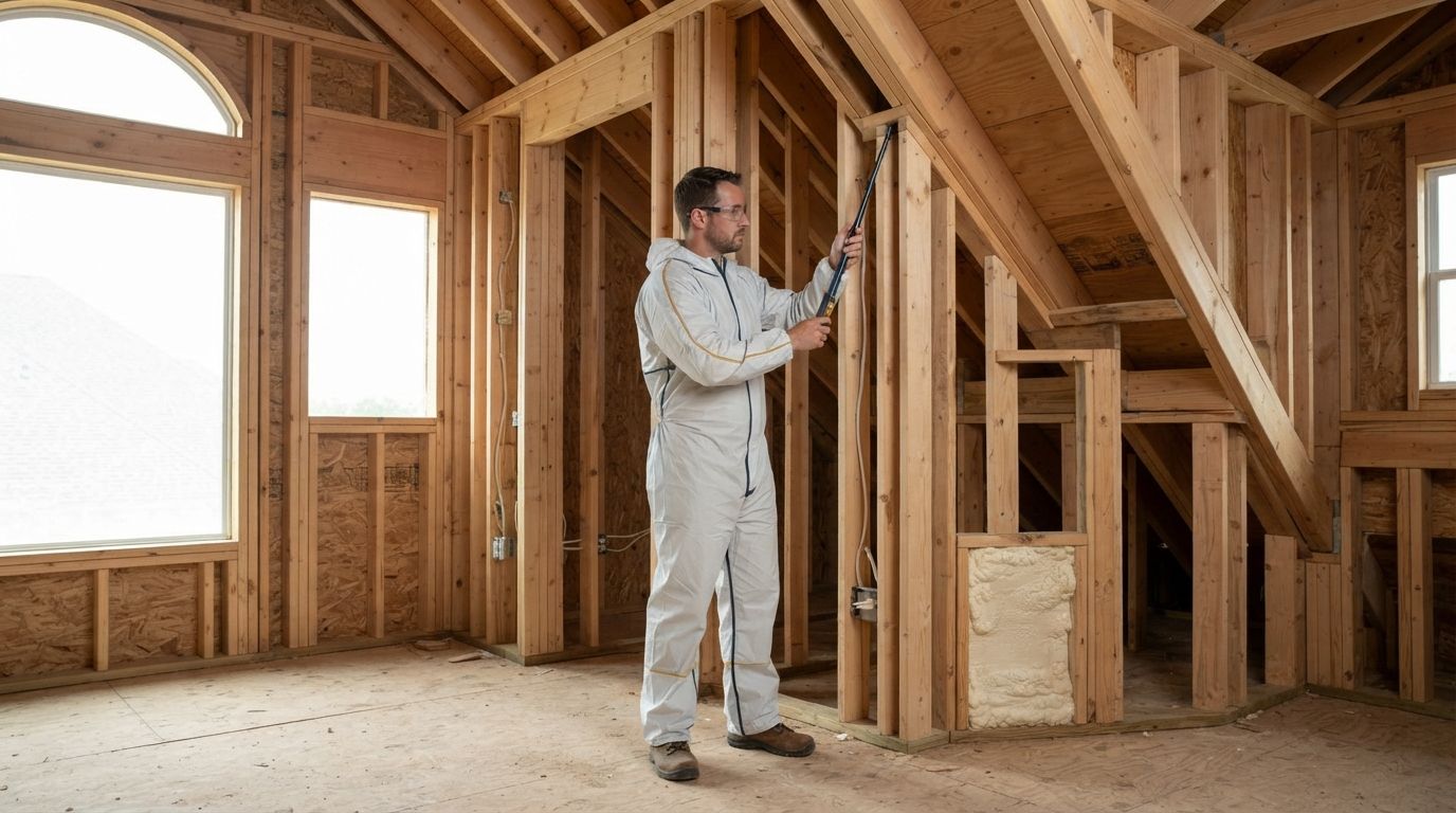 Technician assessing factors affecting closed cell spray foam costs in Conroe