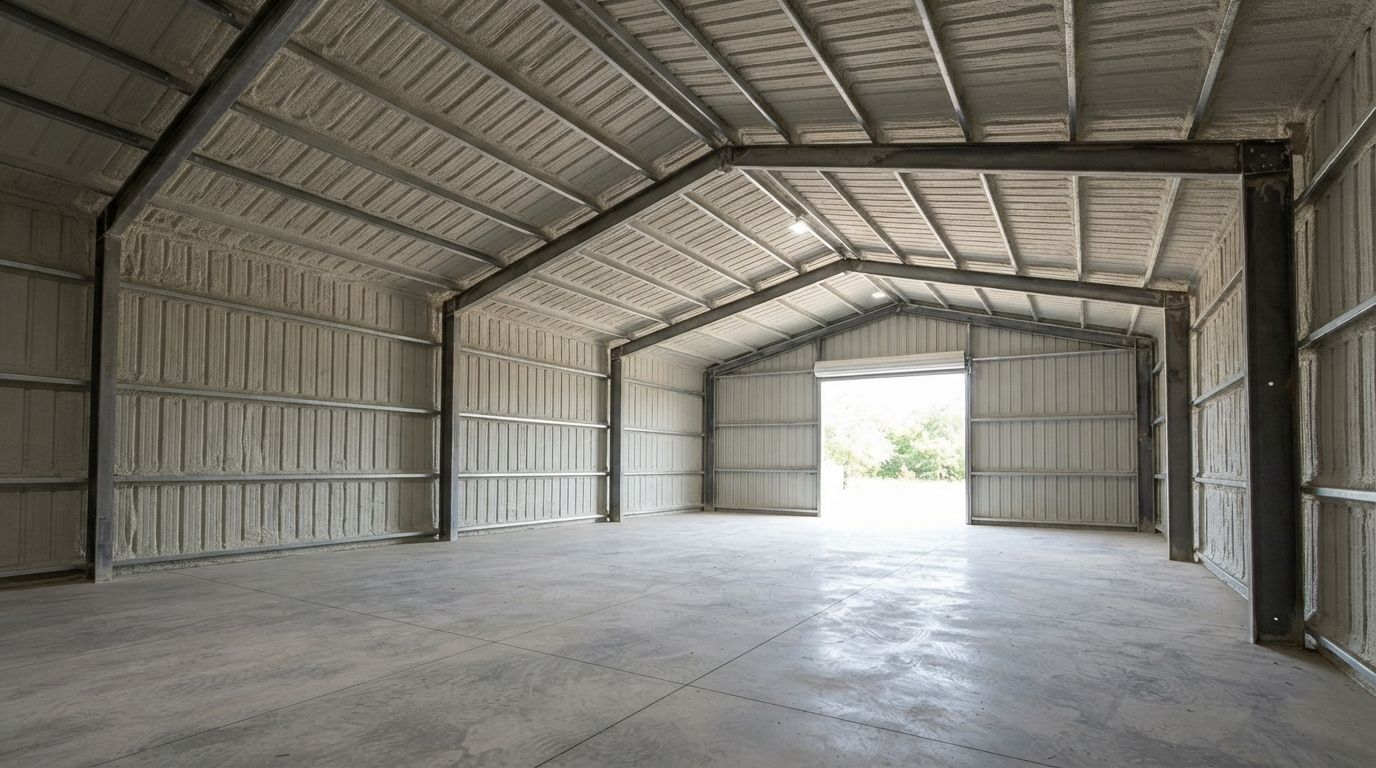 Completed closed cell spray foam insulation in a Conroe metal workshop