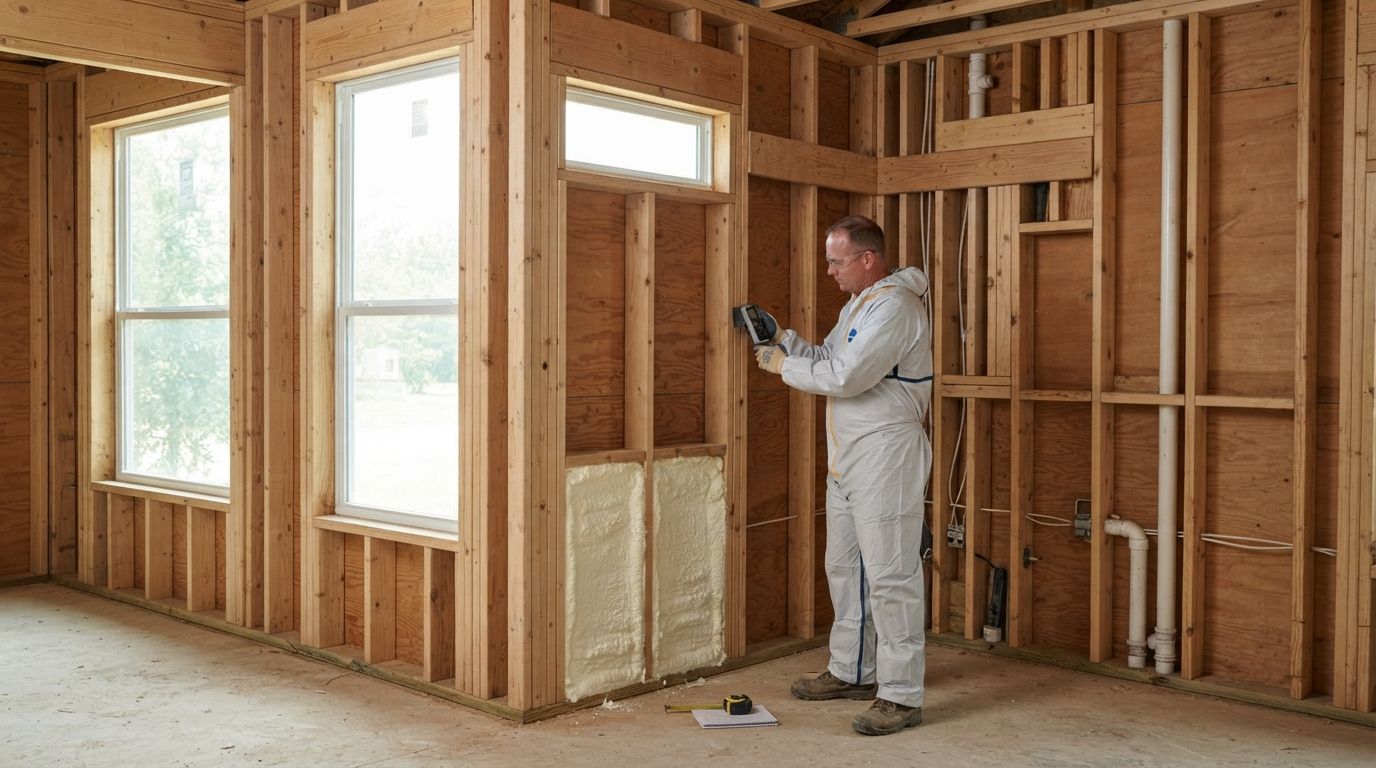 Technician assessing factors affecting closed cell spray foam costs in Conroe