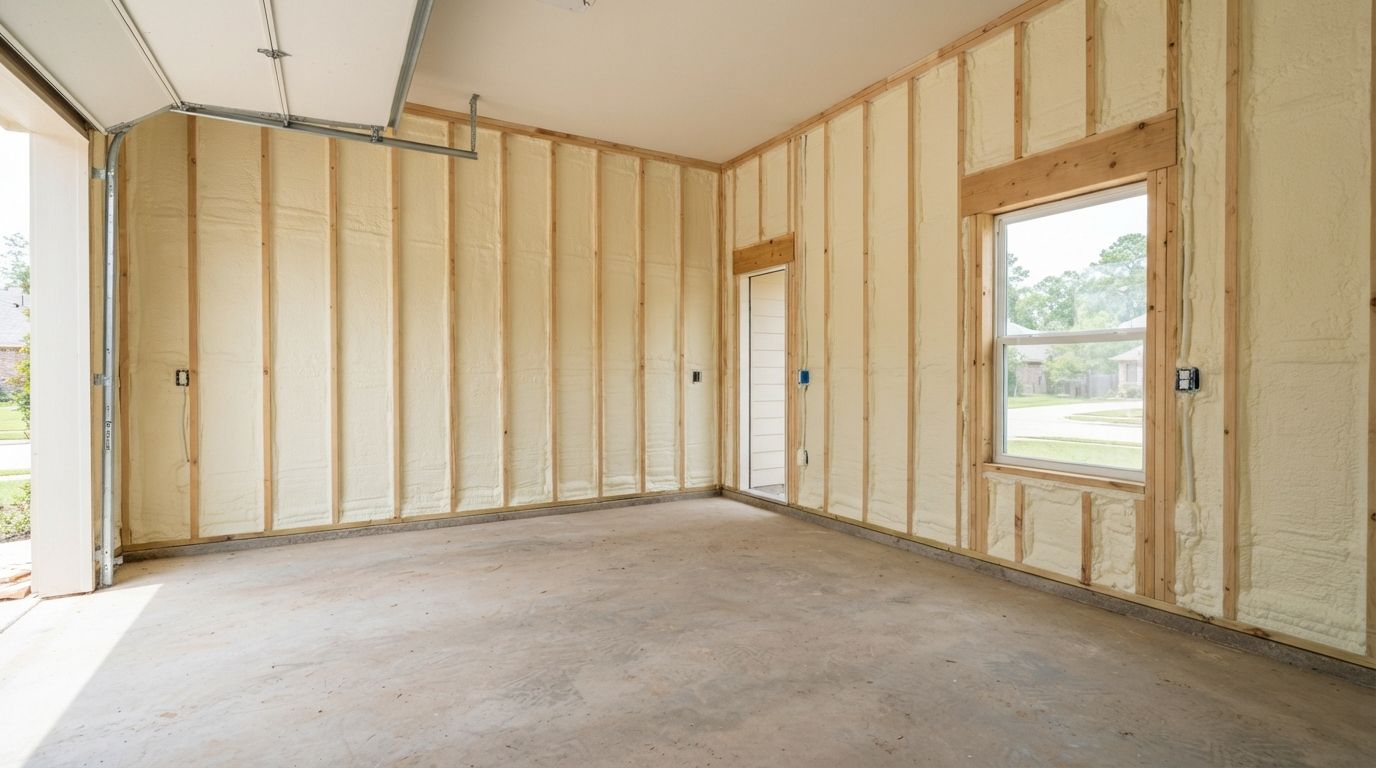 Completed closed cell spray foam insulation in a Conroe metal workshop