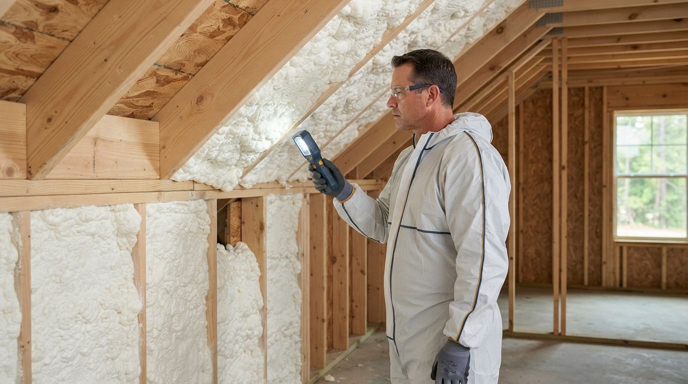 Open cell spray foam quality inspection by a Conroe insulation technician