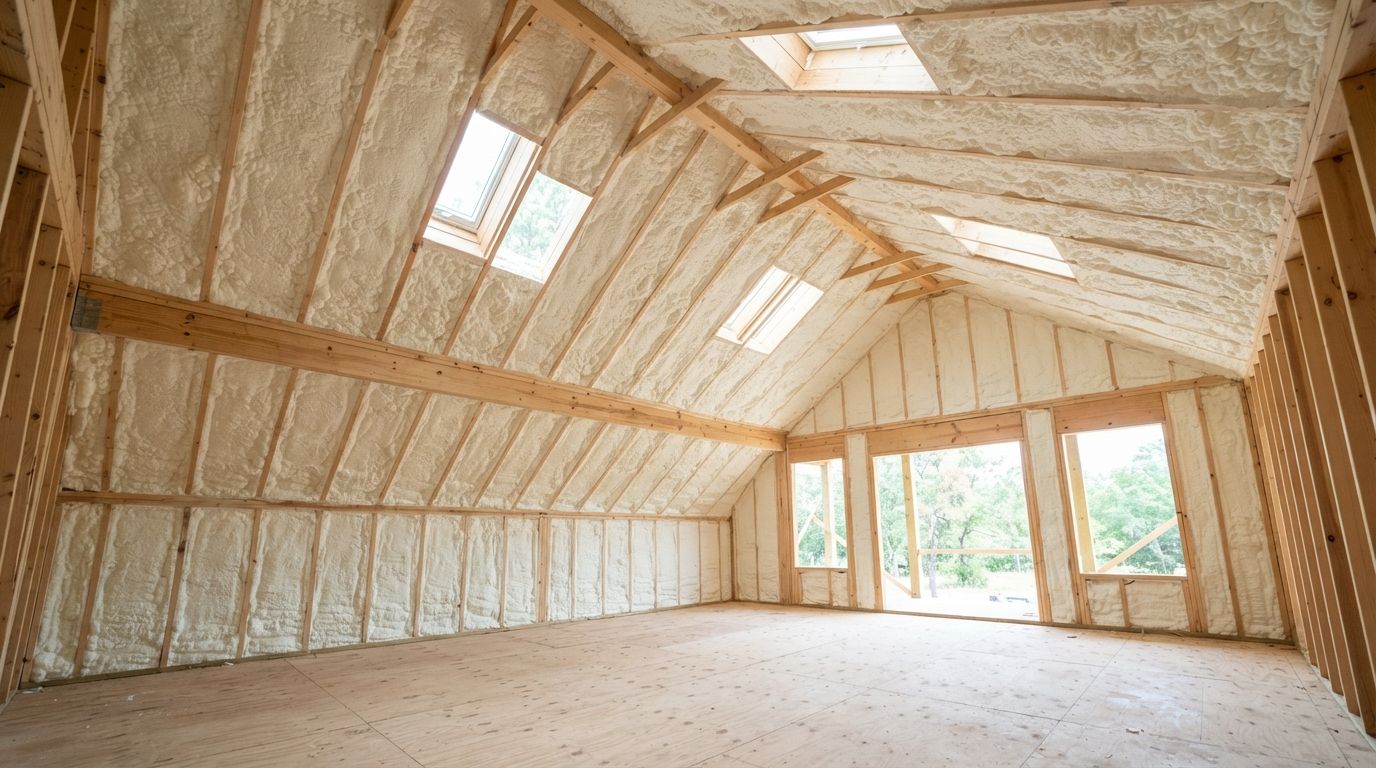 Completed open cell spray foam vaulted ceiling insulation in Conroe Texas