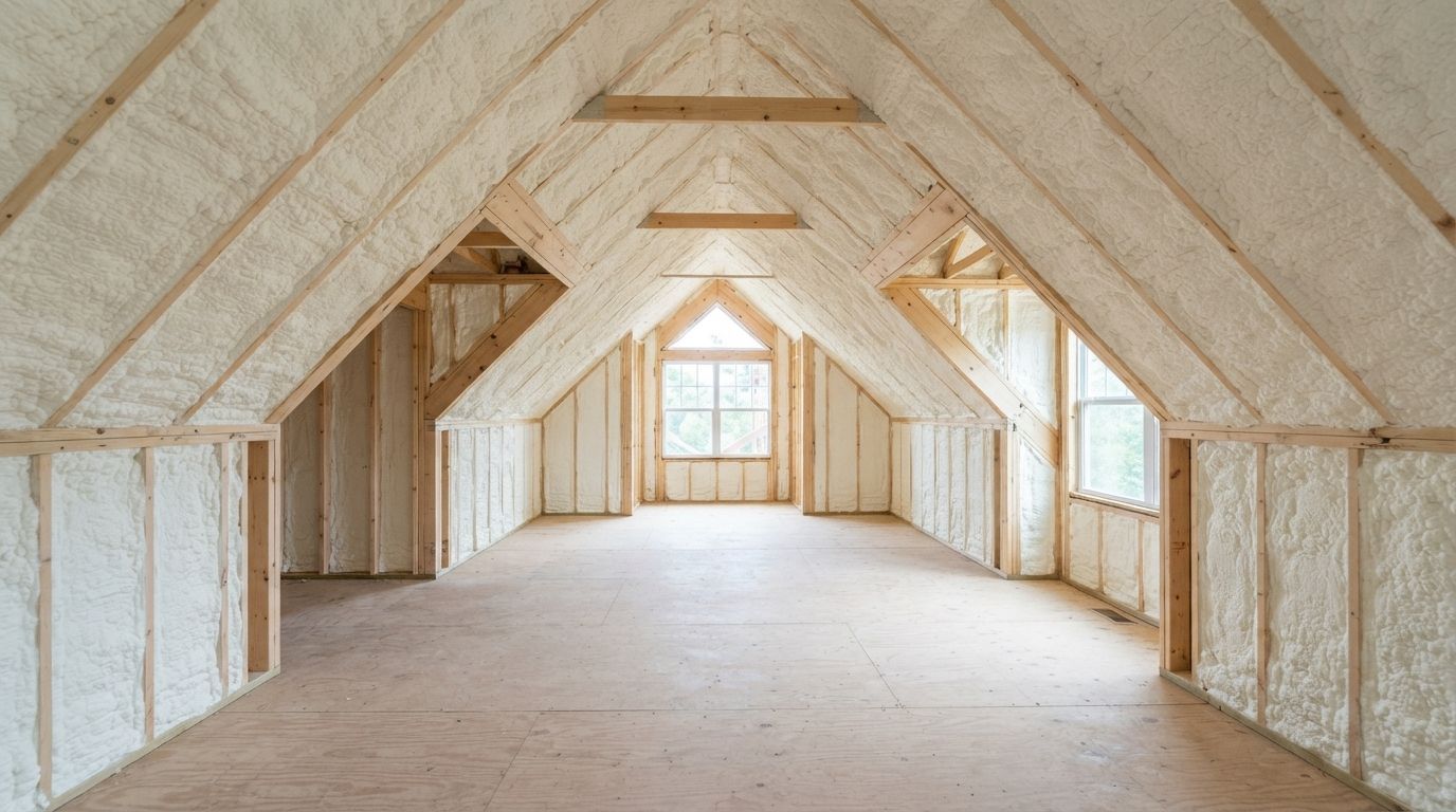 Completed open cell spray foam insulation in a Conroe bonus room