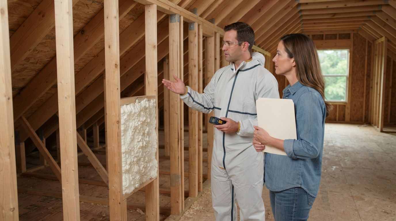 Homeowner discussing an open cell spray foam estimate in Conroe Texas