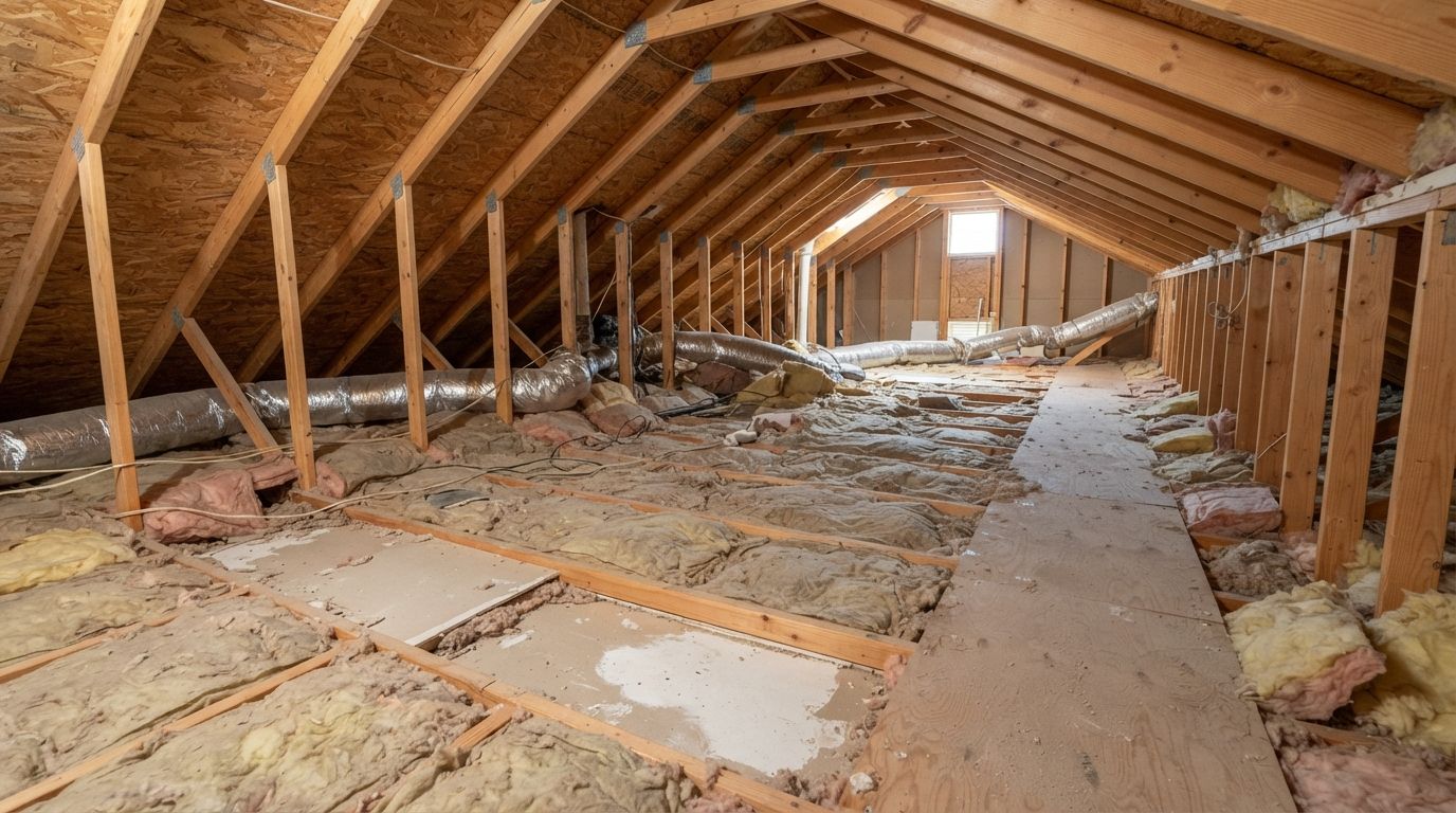 Uneven and deteriorated attic insulation in a Conroe Texas home
