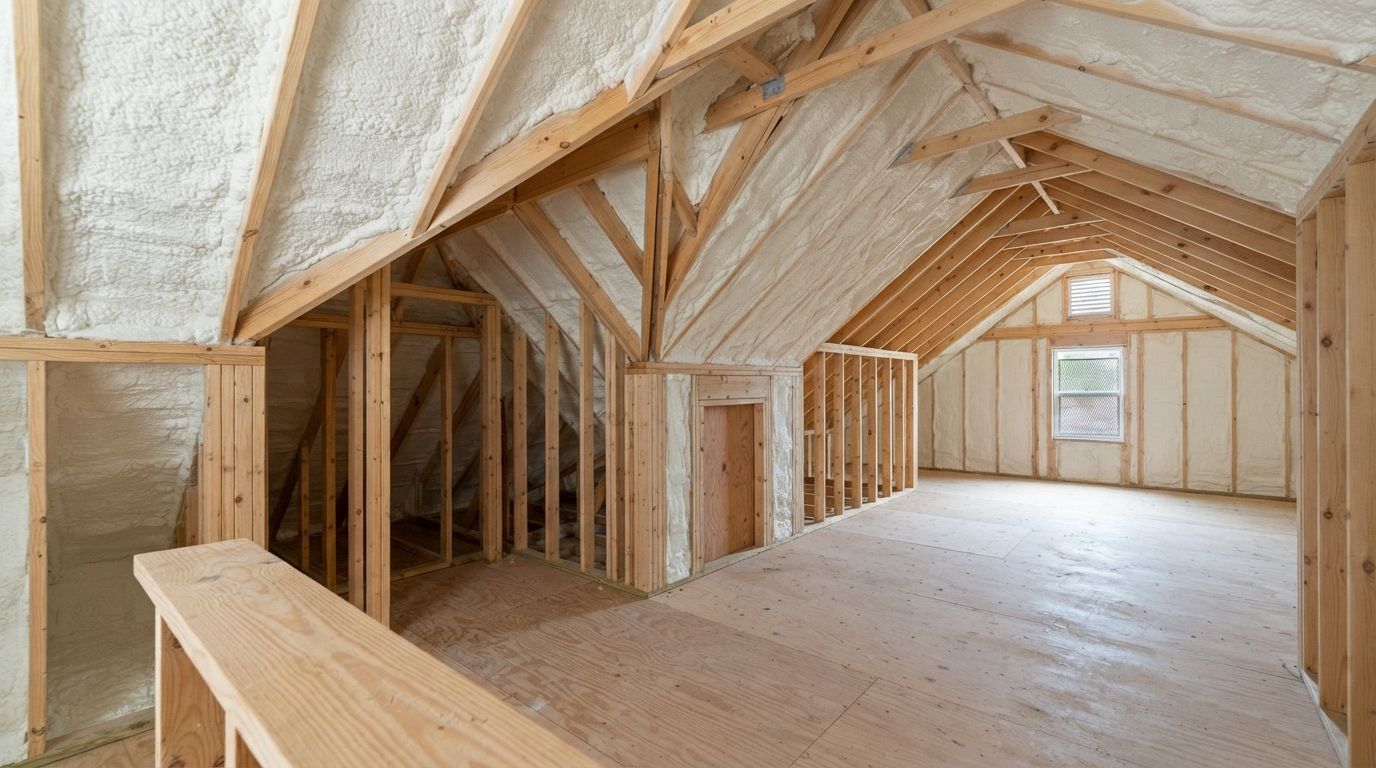 Completed spray foam insulation in a Conroe attic with knee walls