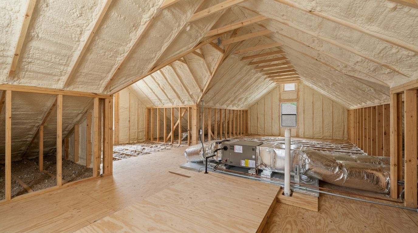 Completed attic spray foam insulation around HVAC areas in Conroe Texas