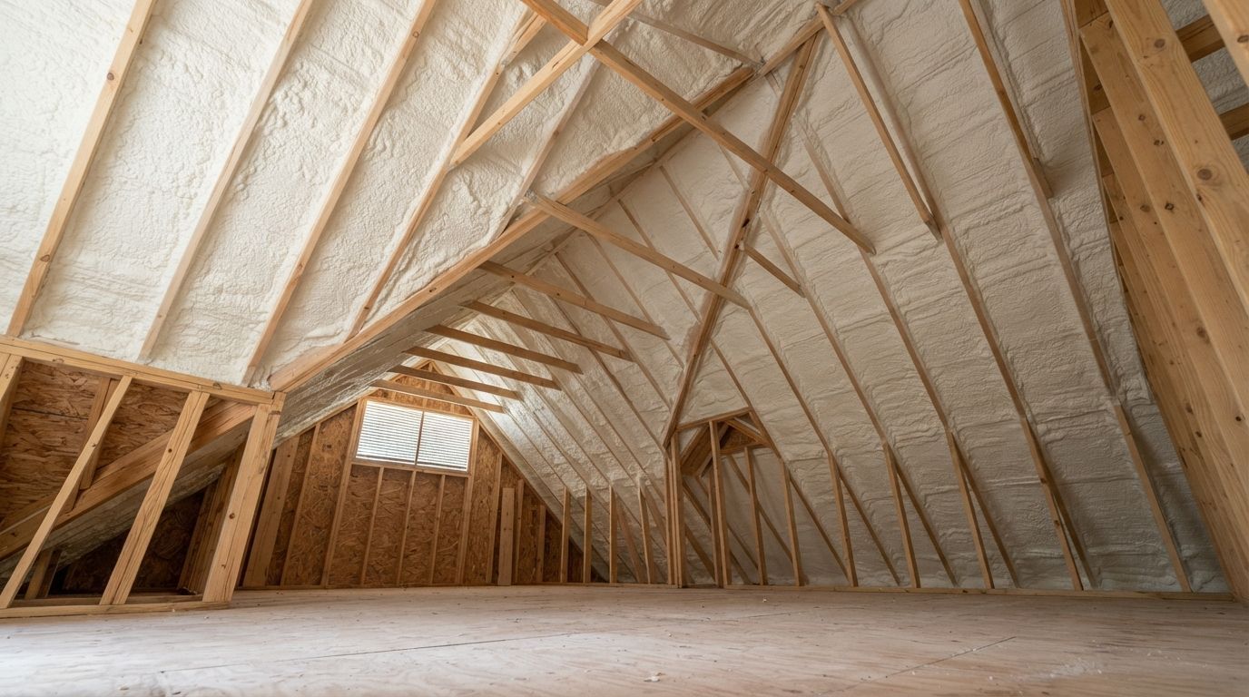 Completed spray foam insulation in a vaulted Conroe residential attic