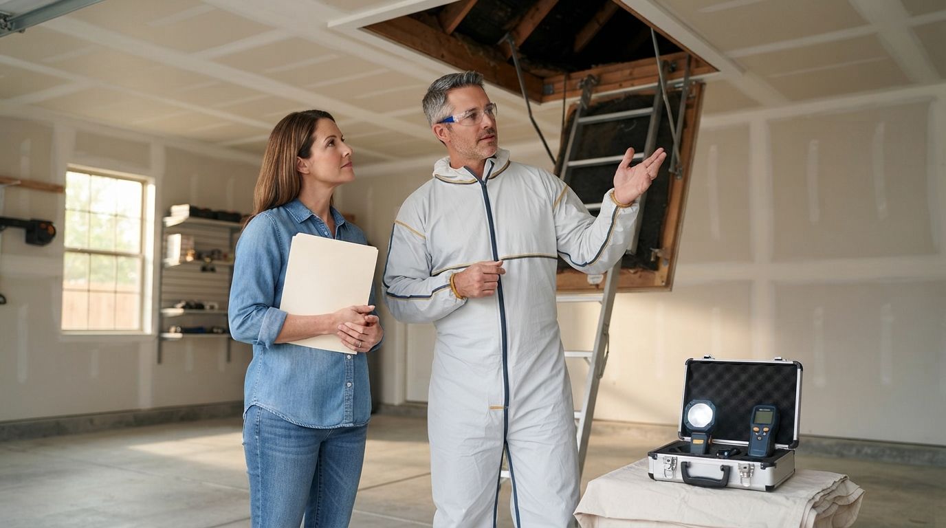 Homeowner discussing an attic spray foam insulation estimate in Conroe Texas