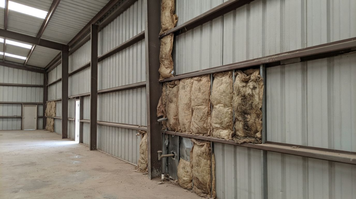 Insulation gaps and exposed metal surfaces inside a Conroe metal building