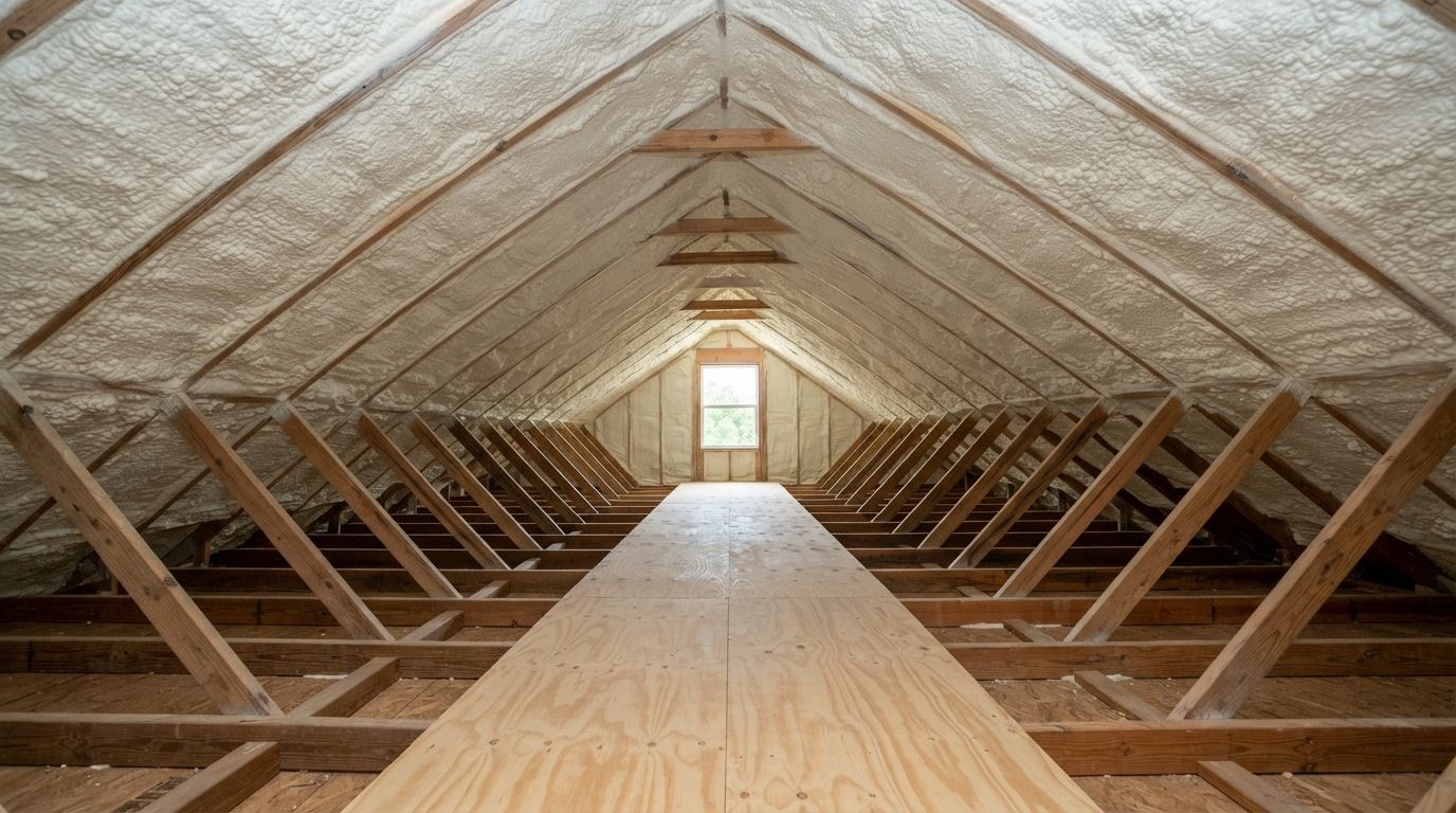 Completed spray foam roof deck insulation project in Conroe Texas