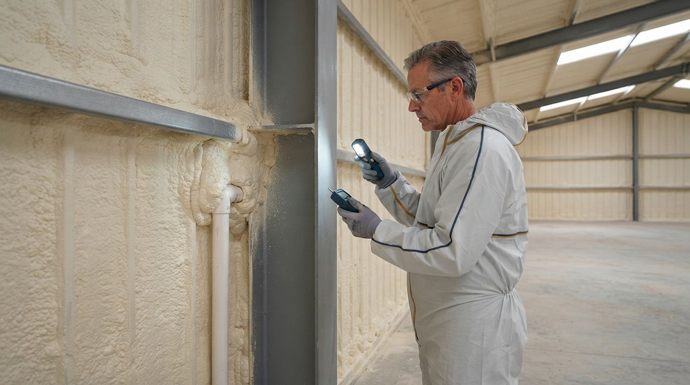 Conroe technician inspecting completed metal building spray foam insulation