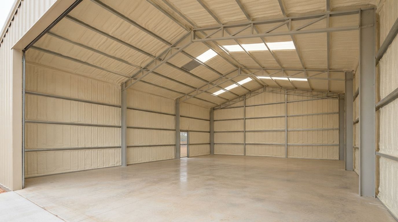 Completed spray foam insulation in a Conroe metal workshop